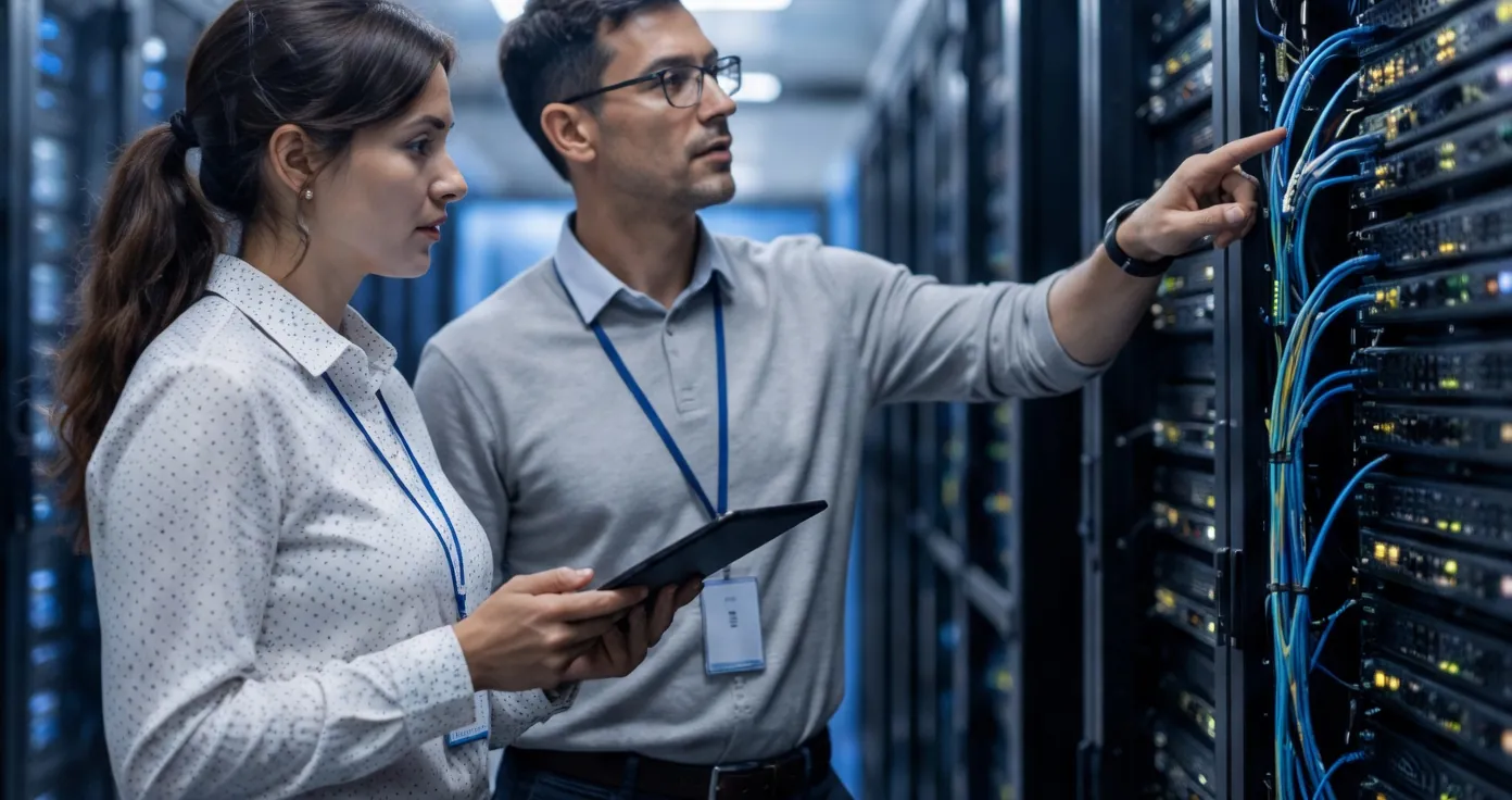 Two engineers reviewing network cabling in a server room