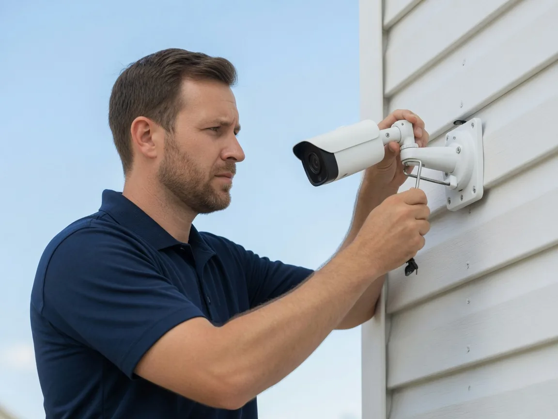 Technician installing a security camera on the side of a building