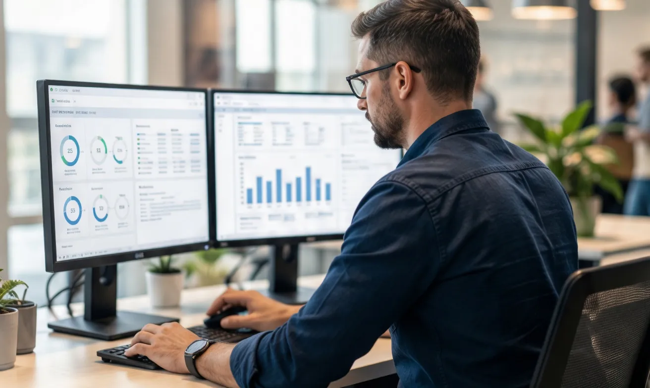 Engineer reviewing live dashboards on dual monitors in a modern office